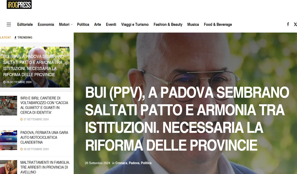 Bui (Ppv), a Padova sembrano saltati patto e armonia tra istituzioni. Necessaria la riforma delle Provincie